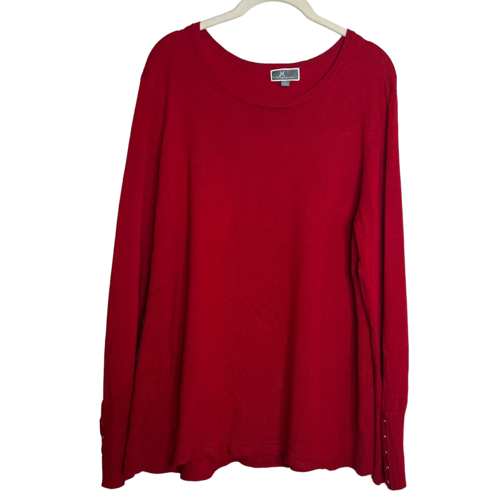 JM Collection Womens Sweater Large Red Pullover Thin Knit Studded Cuffs